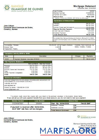Printable Guinea Banque Islamique de Guinée bank mortgage statement scr sample